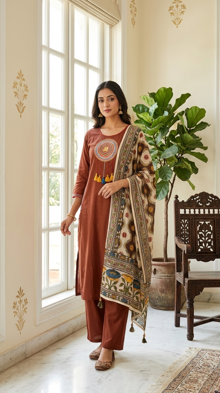 Women Brown Embroidered Cotton Kurta Pant Dupatta Set
