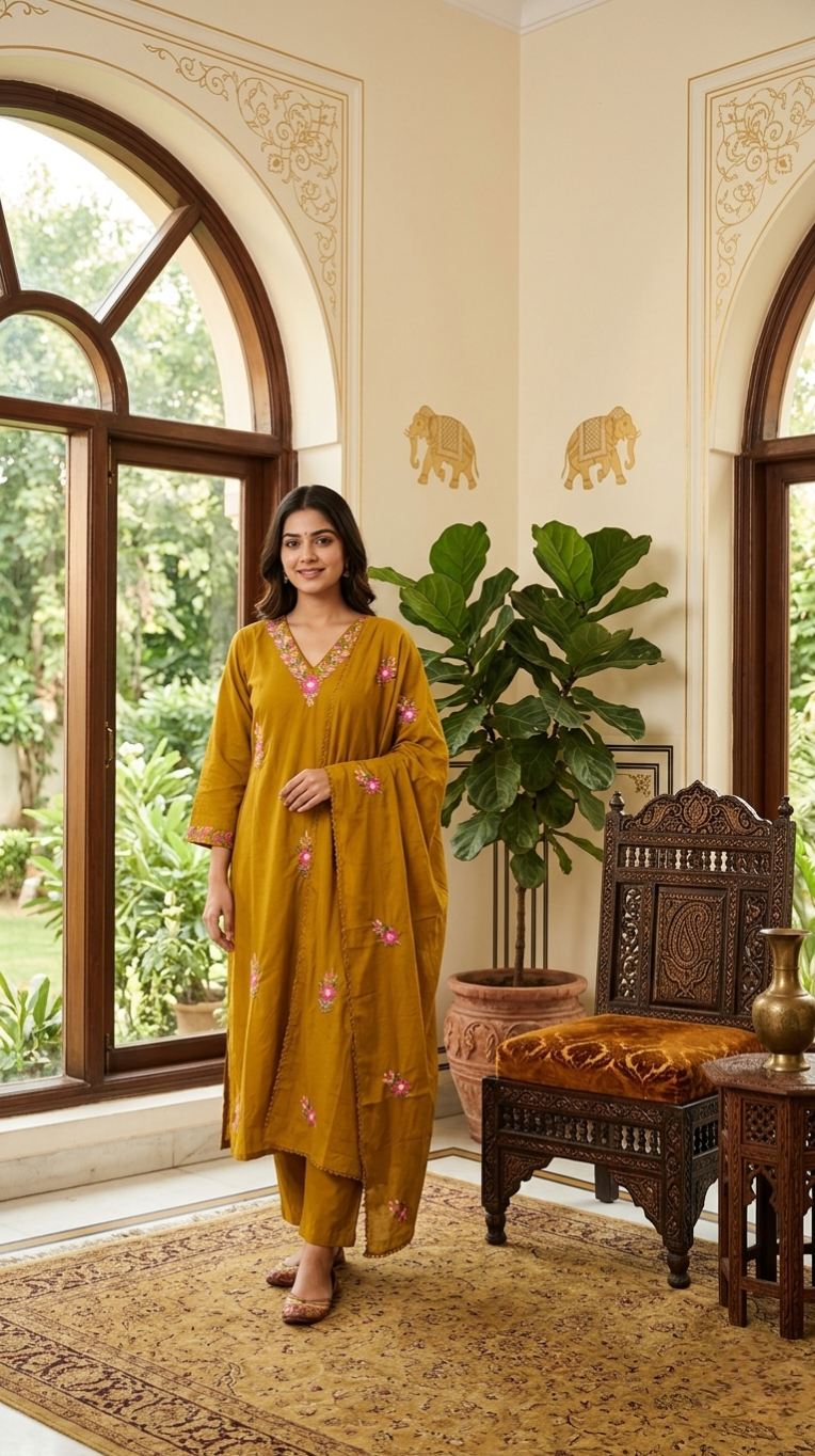 Women Mehandi Thread Work Cotton Kurta Pant Dupatta Set