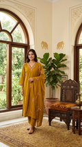Women Mehandi Thread Work Cotton Kurta Pant Dupatta Set