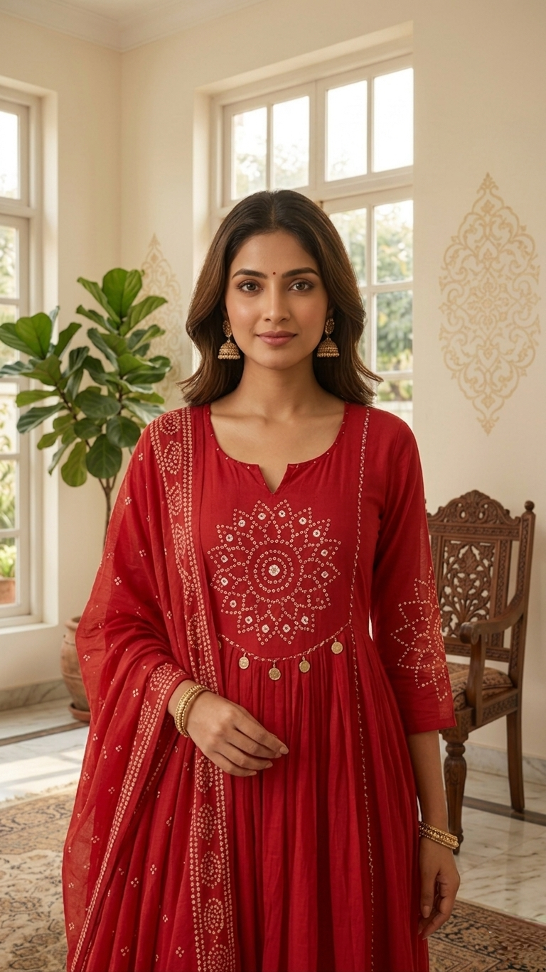 Women Red Mirror Work Cotton Kurta Pant Dupatta Set