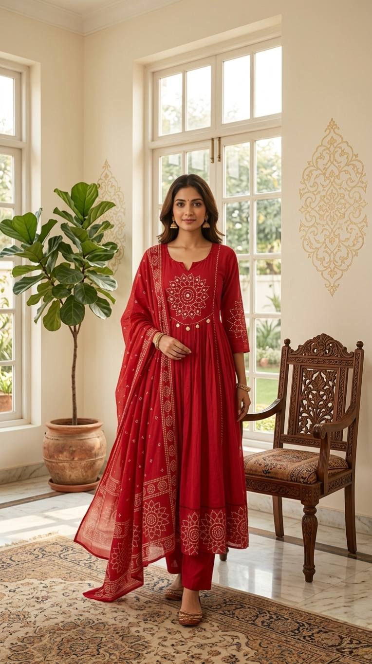 Women Red Mirror Work Cotton Kurta Pant Dupatta Set