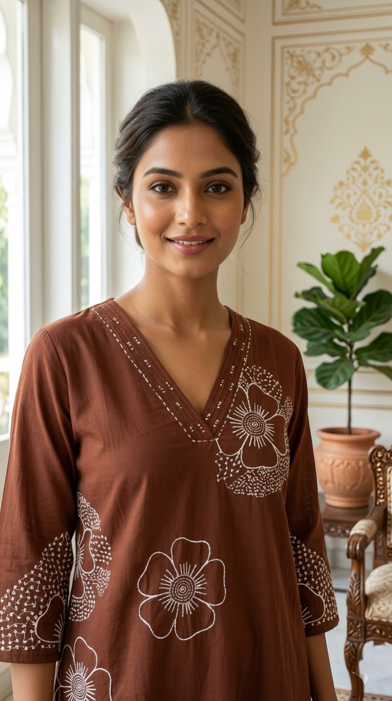 Women Brown Thread Work Cotton Kurta Pant Dupatta Set