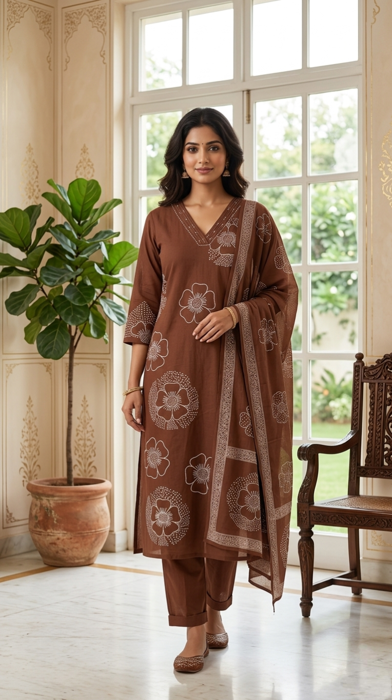 Women Brown Thread Work Cotton Kurta Pant Dupatta Set