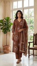 Women Brown Thread Work Cotton Kurta Pant Dupatta Set