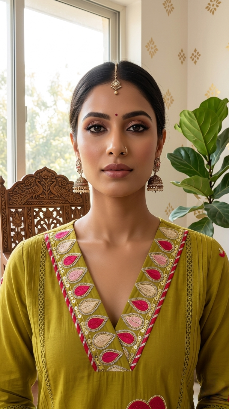 Women Mehandi Embroidered Cotton Kurta Pant Dupatta Set