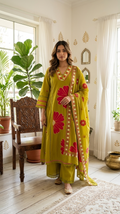 Women Mehandi Embroidered Cotton Kurta Pant Dupatta Set