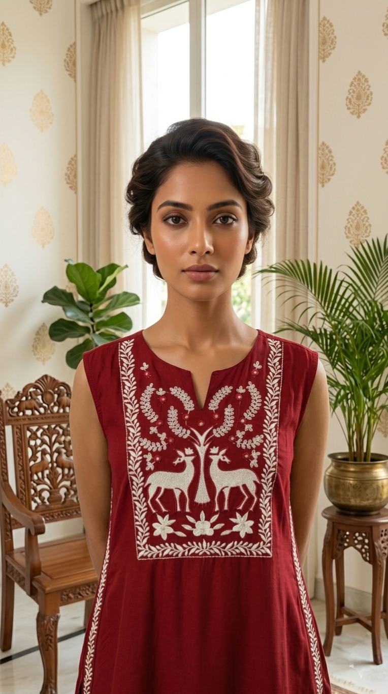 Women Red Embroidered Cotton Kurta Pant Dupatta Set