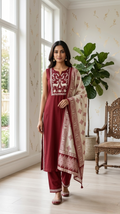 Women Red Embroidered Cotton Kurta Pant Dupatta Set