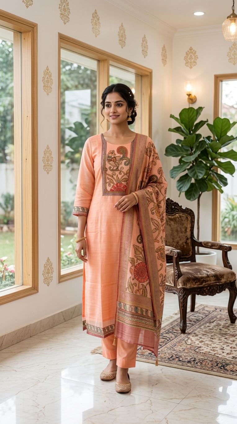 Women Orange Katha Stich Chanderi Silk Kurta Pant And Duppatta Set