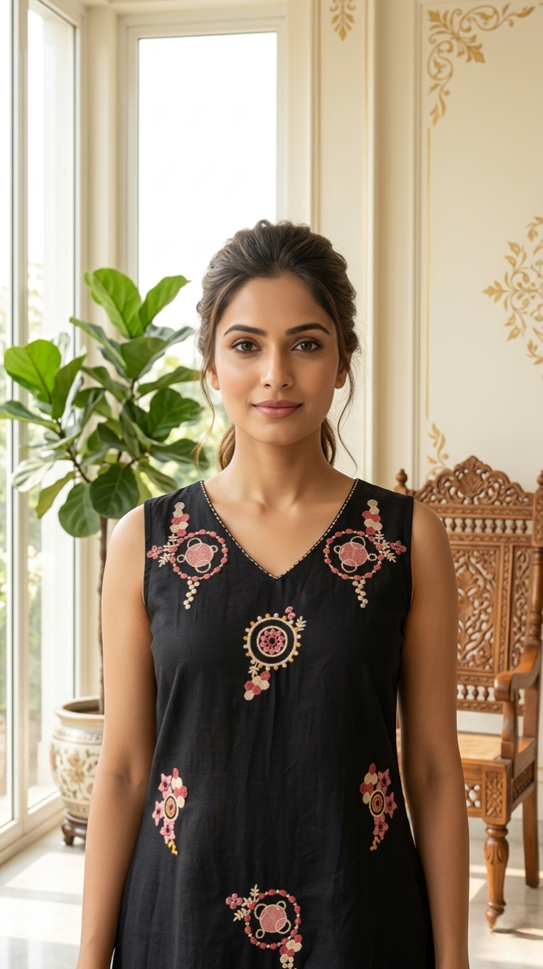 Women Black Embroidered Cotton Kurta Pant Dupatta Set