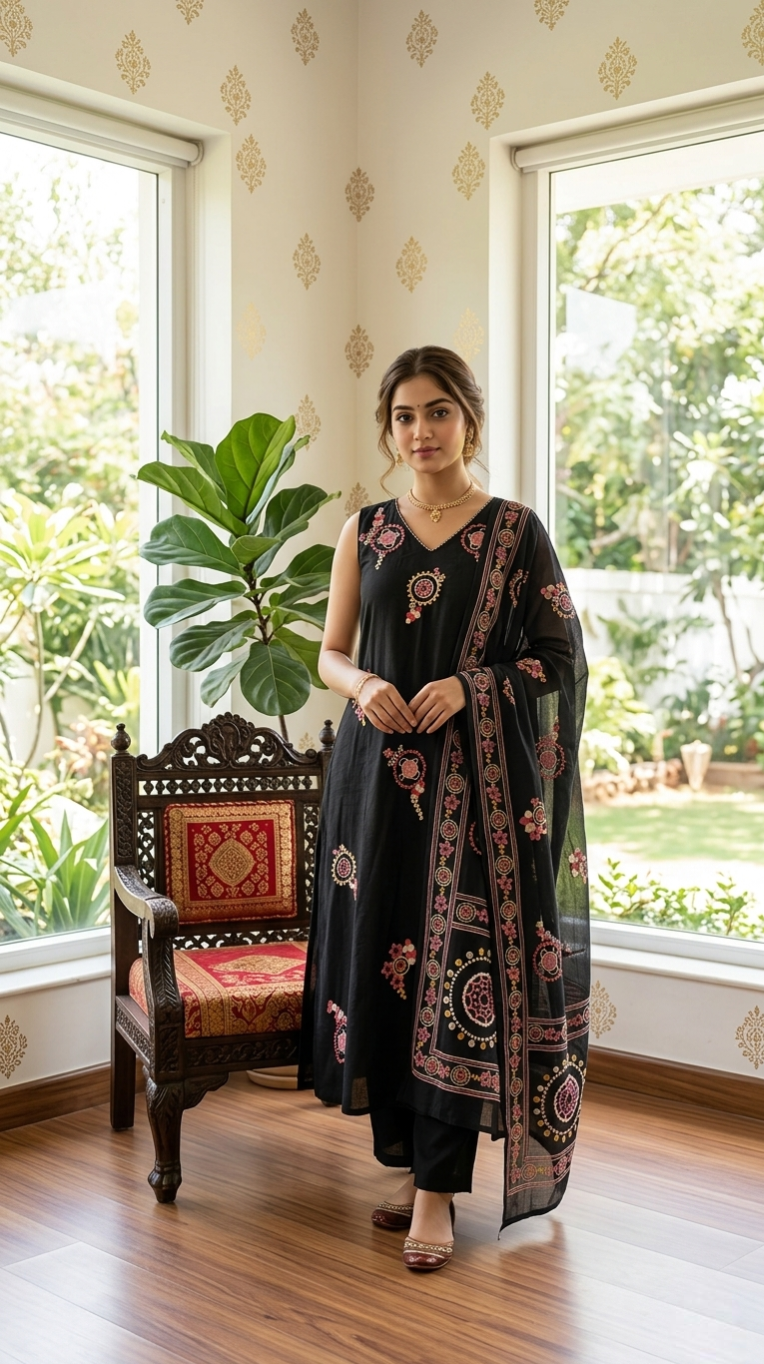 Women Black Embroidered Cotton Kurta Pant Dupatta Set