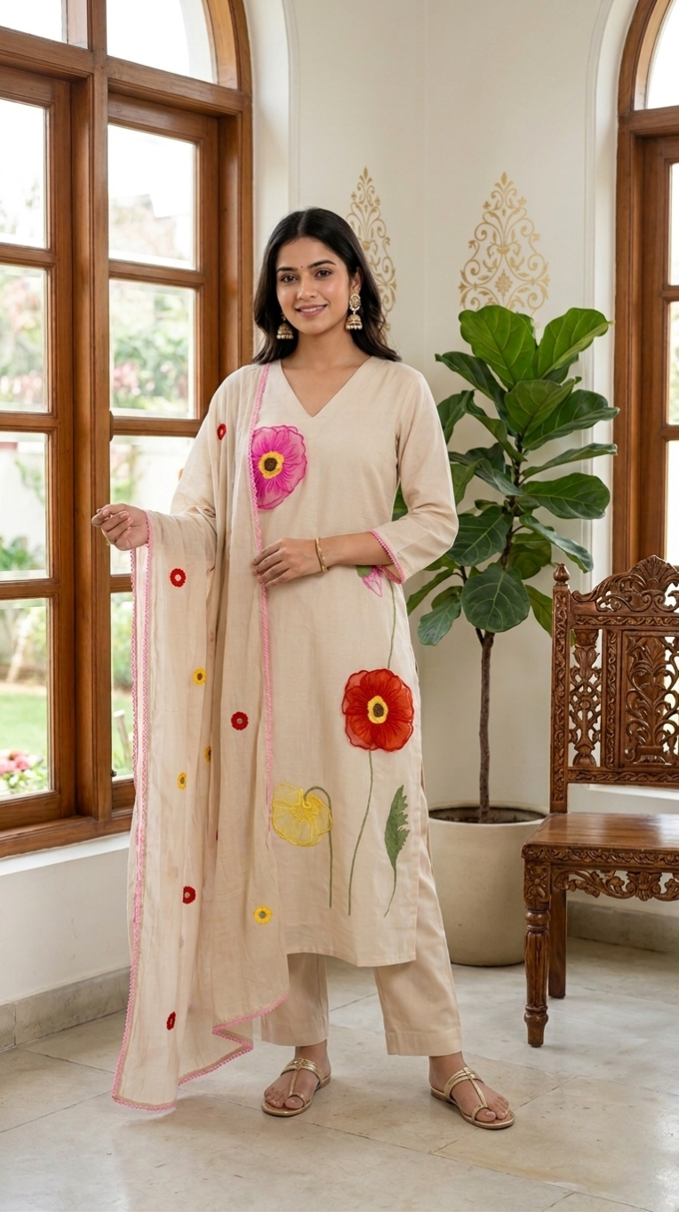 Women Off White Patch Work Cotton Silk Kurta Pant Dupatta Set