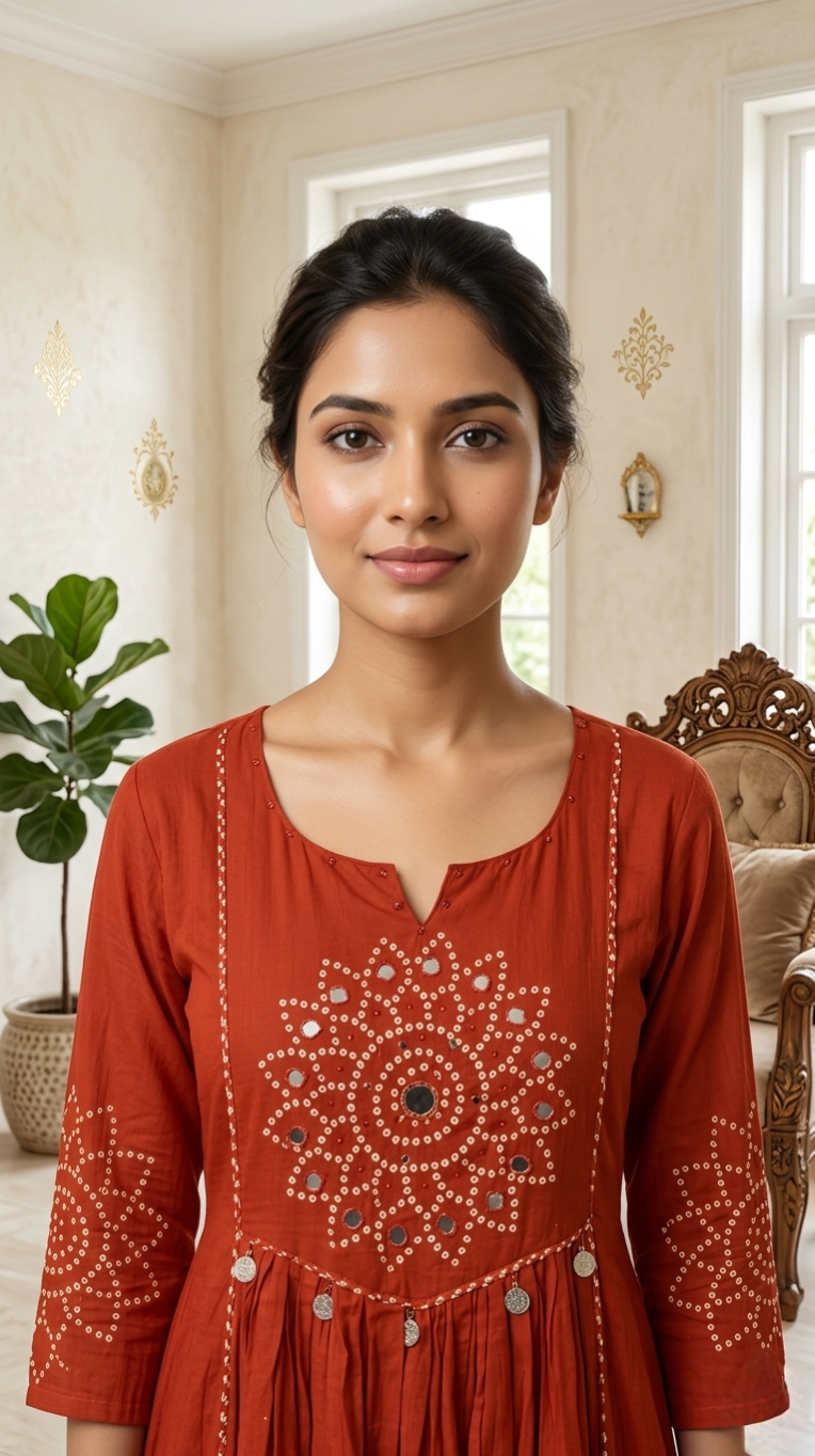 Women Orange Mirror Work Cotton Kurta Pant Dupatta Set