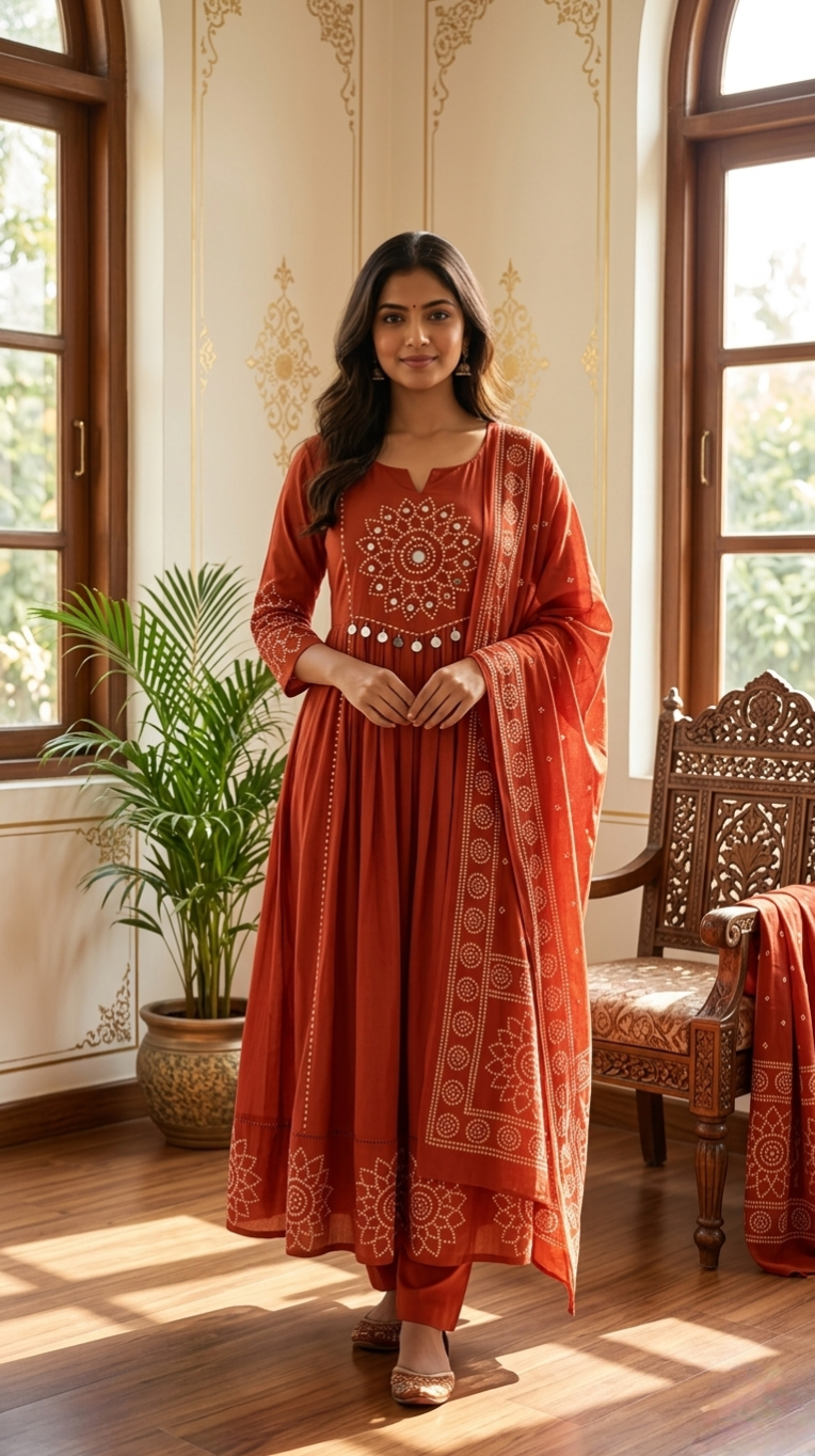 Women Orange Mirror Work Cotton Kurta Pant Dupatta Set