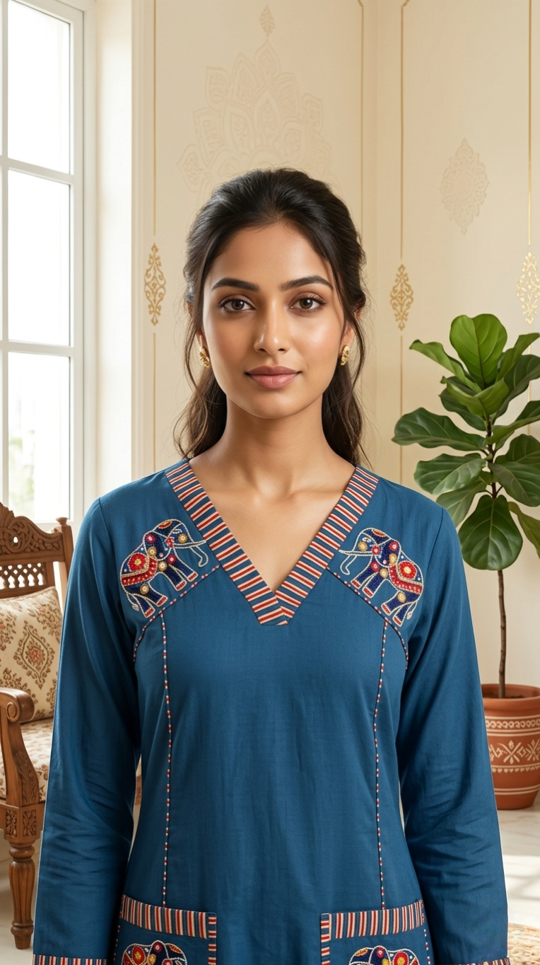 Women Blue Patch Embroidered Cotton Kurta Pant Duppatta Set