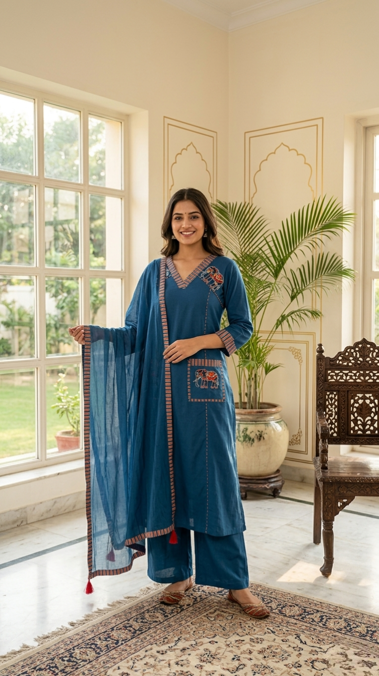 Women Blue Patch Embroidered Cotton Kurta Pant Duppatta Set