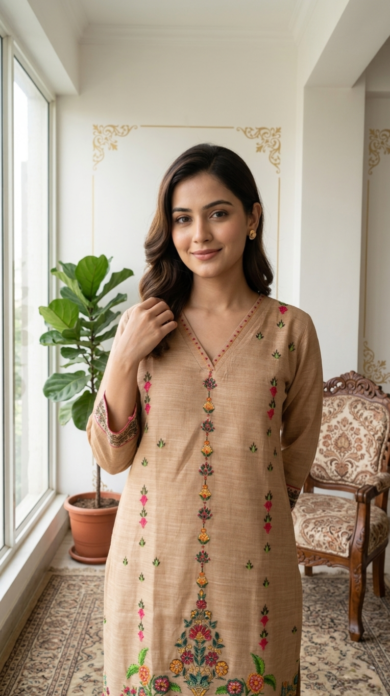 Women Beige Katha Stich Work Cotton Linen Kurta Pant Dupatta Set