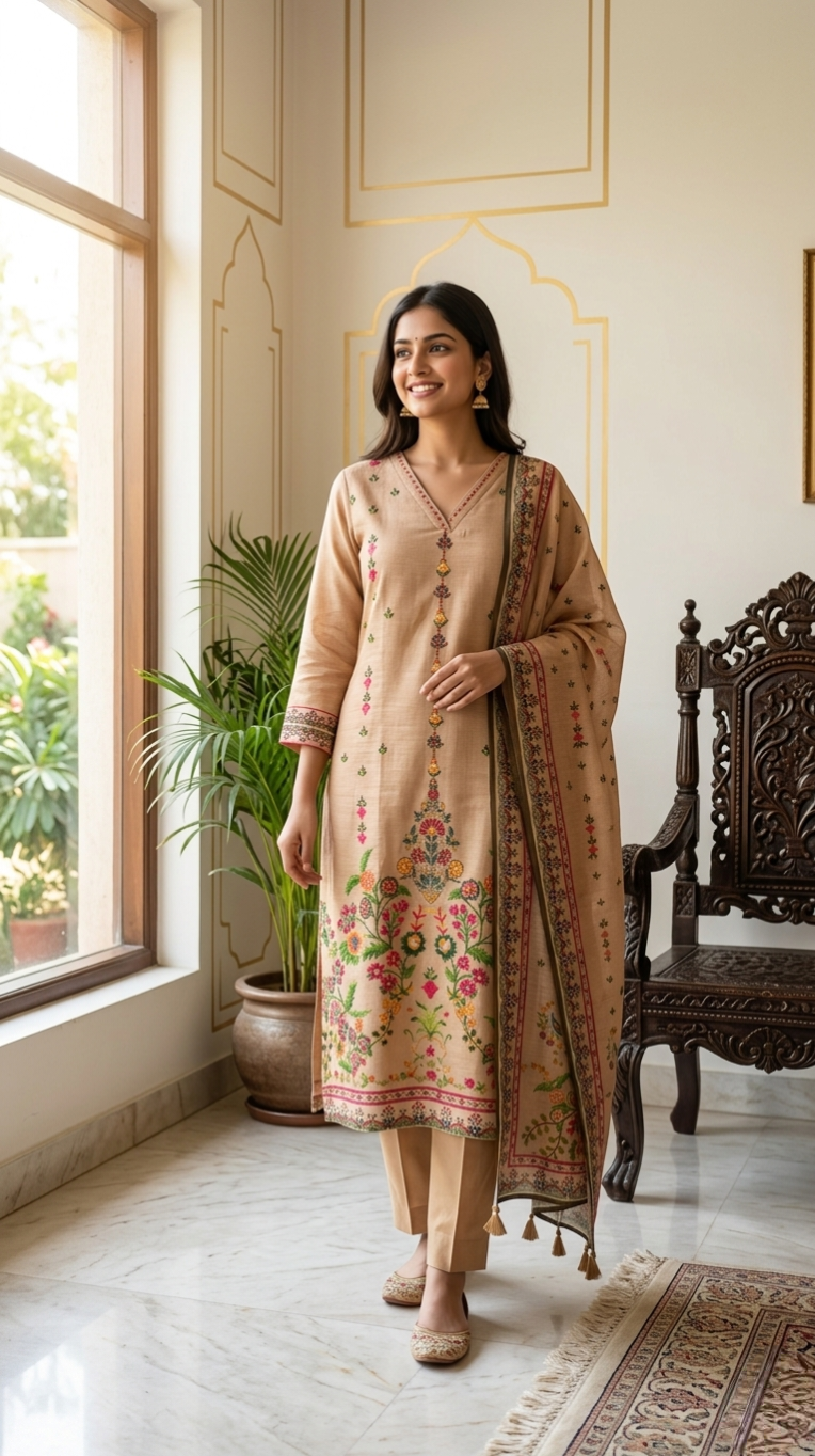 Women Beige Katha Stich Work Cotton Linen Kurta Pant Dupatta Set