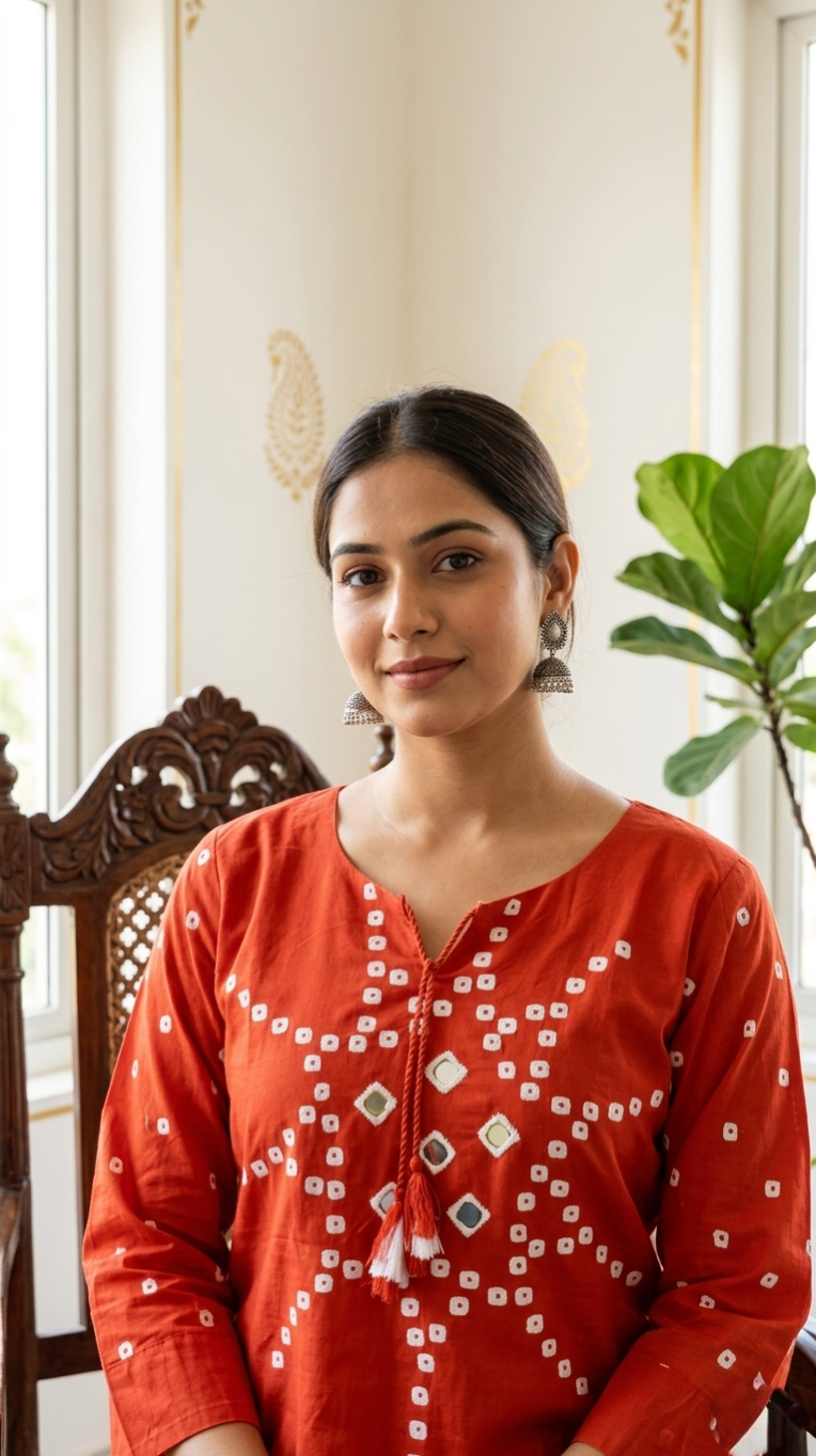 Women Orange Mirror Work Cotton Kurta Pant Dupatta Set