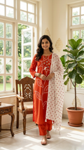 Women Orange Mirror Work Cotton Kurta Pant Dupatta Set