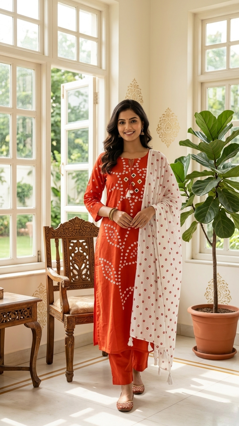 Women Orange Mirror Work Cotton Kurta Pant Dupatta Set