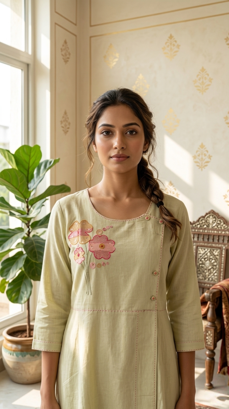 Women Lime Green Thread Work Cotton Kurta Pant Dupatta Set