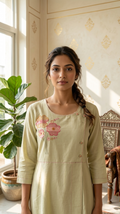 Women Lime Green Thread Work Cotton Kurta Pant Dupatta Set