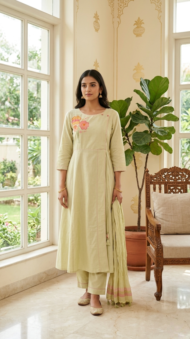 Women Lime Green Thread Work Cotton Kurta Pant Dupatta Set