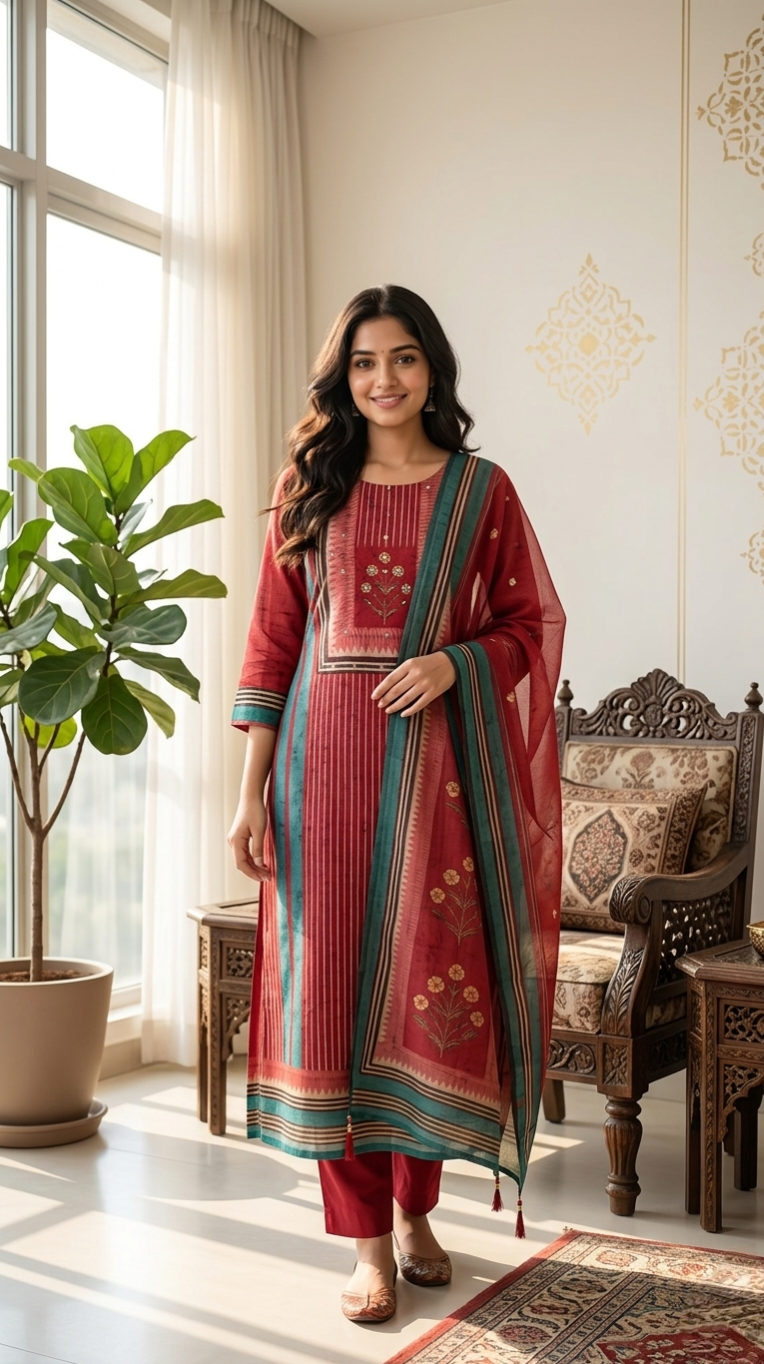 Women Multicoloured thread Embroidered Chanderi Silk Kurta Pant And Duppatta Set