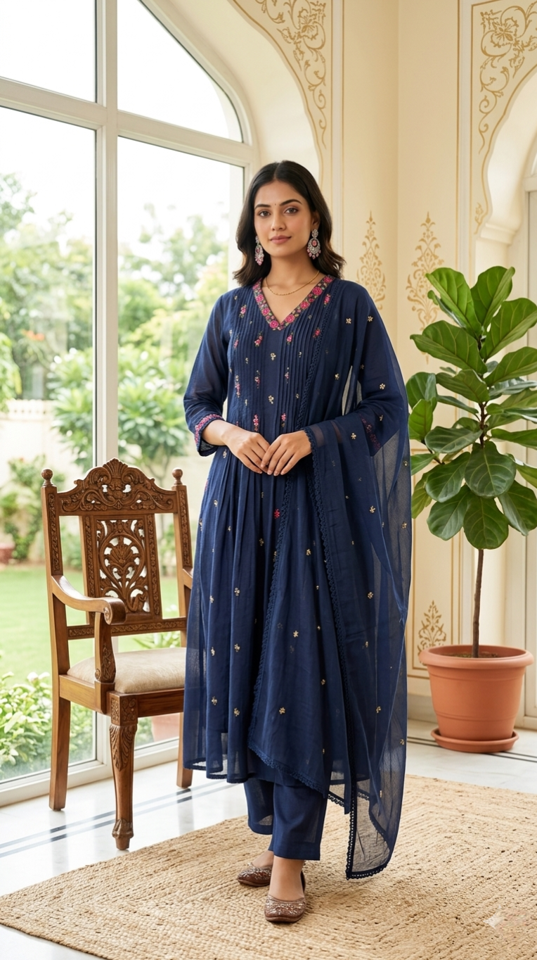 Women Navy Blue Embroidered Cotton Kurta Pant Dupatta Set