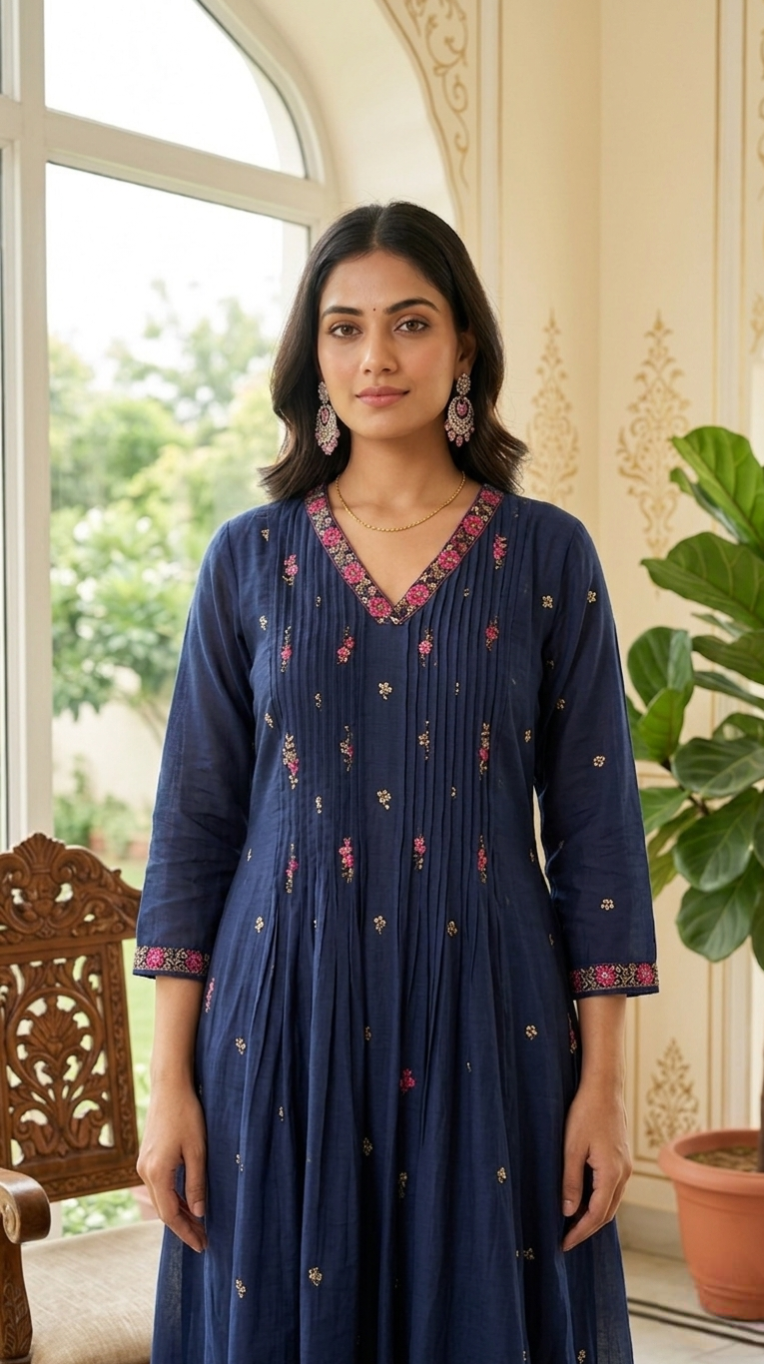 Women Navy Blue Embroidered Cotton Kurta Pant Dupatta Set