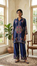 Women Navy Blue Floral Embroidered Cotton Coord Set
