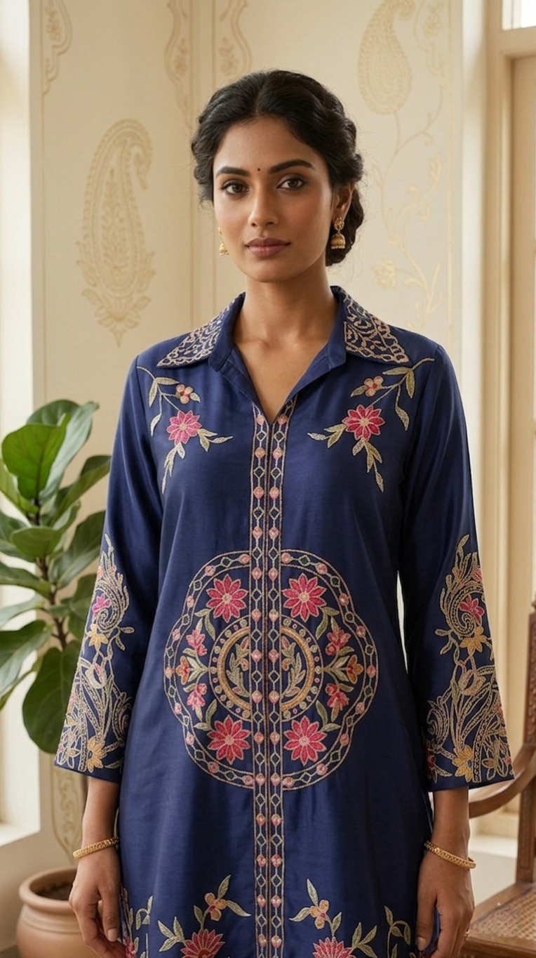 Women Navy Blue Floral Embroidered Cotton Coord Set