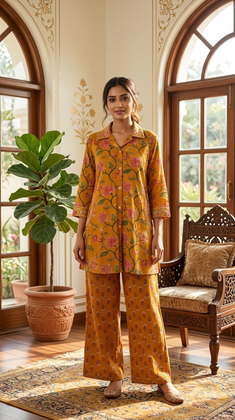 Women Mustard Yellow Embroidered Cotton Coord Set
