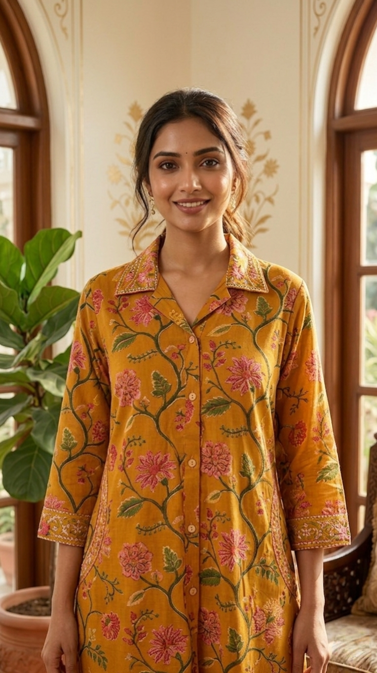 Women Mustard Yellow Embroidered Cotton Coord Set