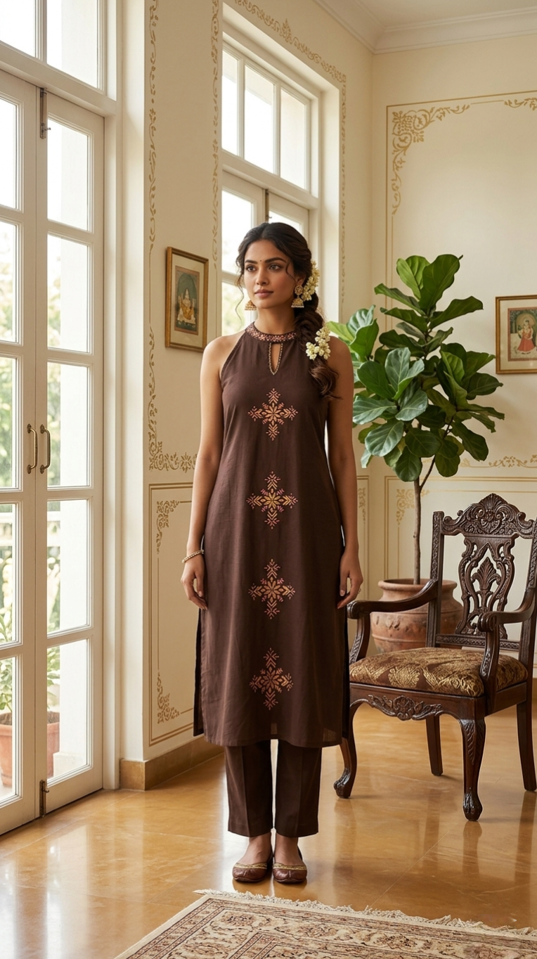 Women Brown Embroidered Cotton Kurta Pant Set