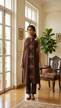 Women Brown Embroidered Cotton Kurta Pant Set
