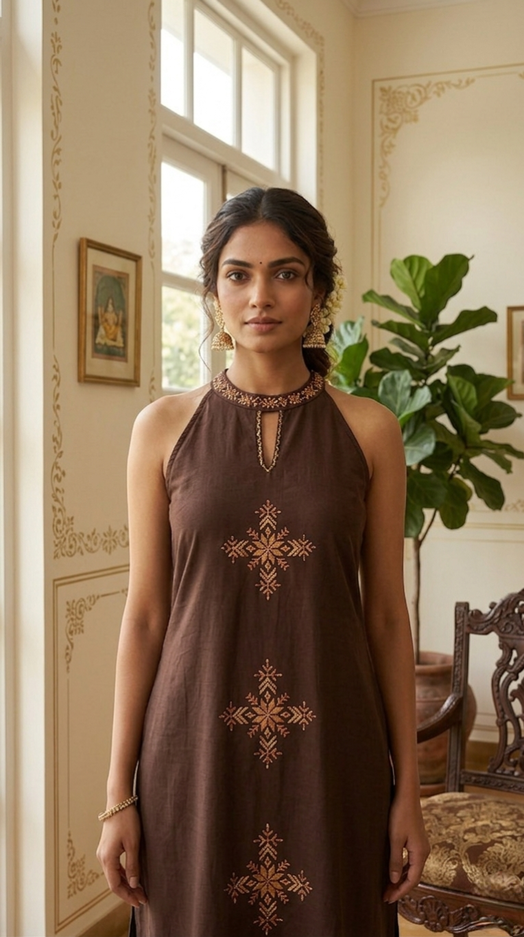Women Brown Embroidered Cotton Kurta Pant Set