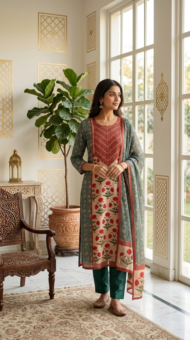 Women Multicolour Floral Printed With Beads Work Crepe Silk Kurta Pant Dupatta Set