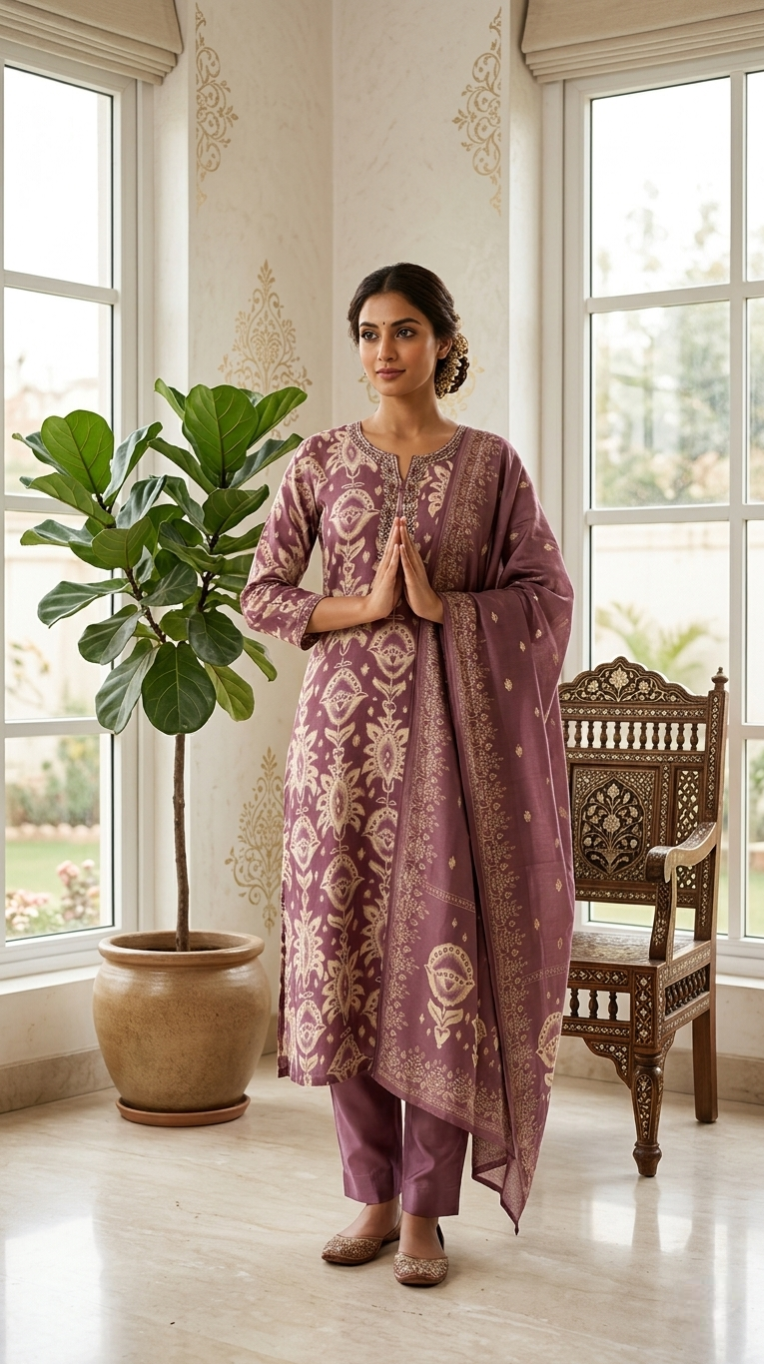 Women Wine Embroidered Muslin Silk Kurta Pant Dupatta Set