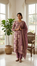 Women Wine Embroidered Muslin Silk Kurta Pant Dupatta Set
