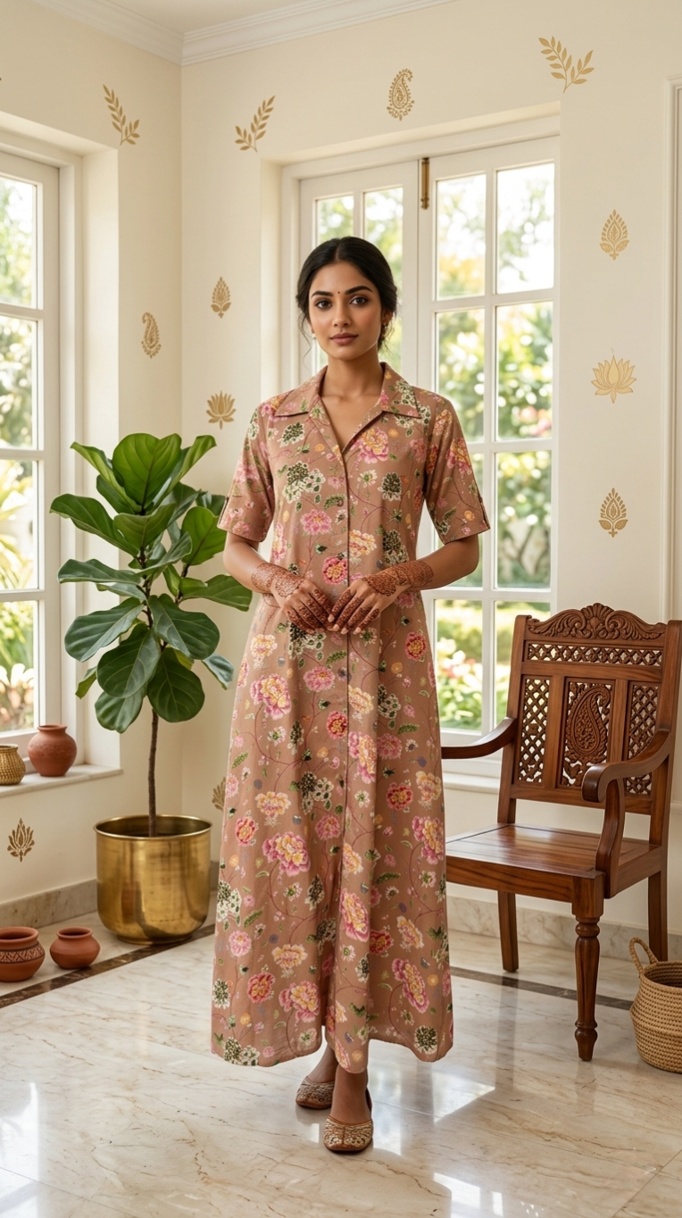 Women Brown Floral Printed Cotton Midi Dress