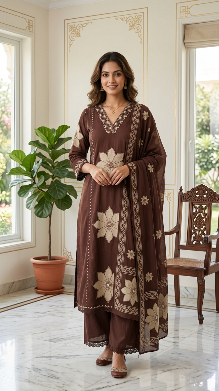 Women Coffee Embroidered Cotton Kurta Pant Dupatta Set