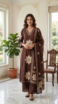 Women Coffee Embroidered Cotton Kurta Pant Dupatta Set