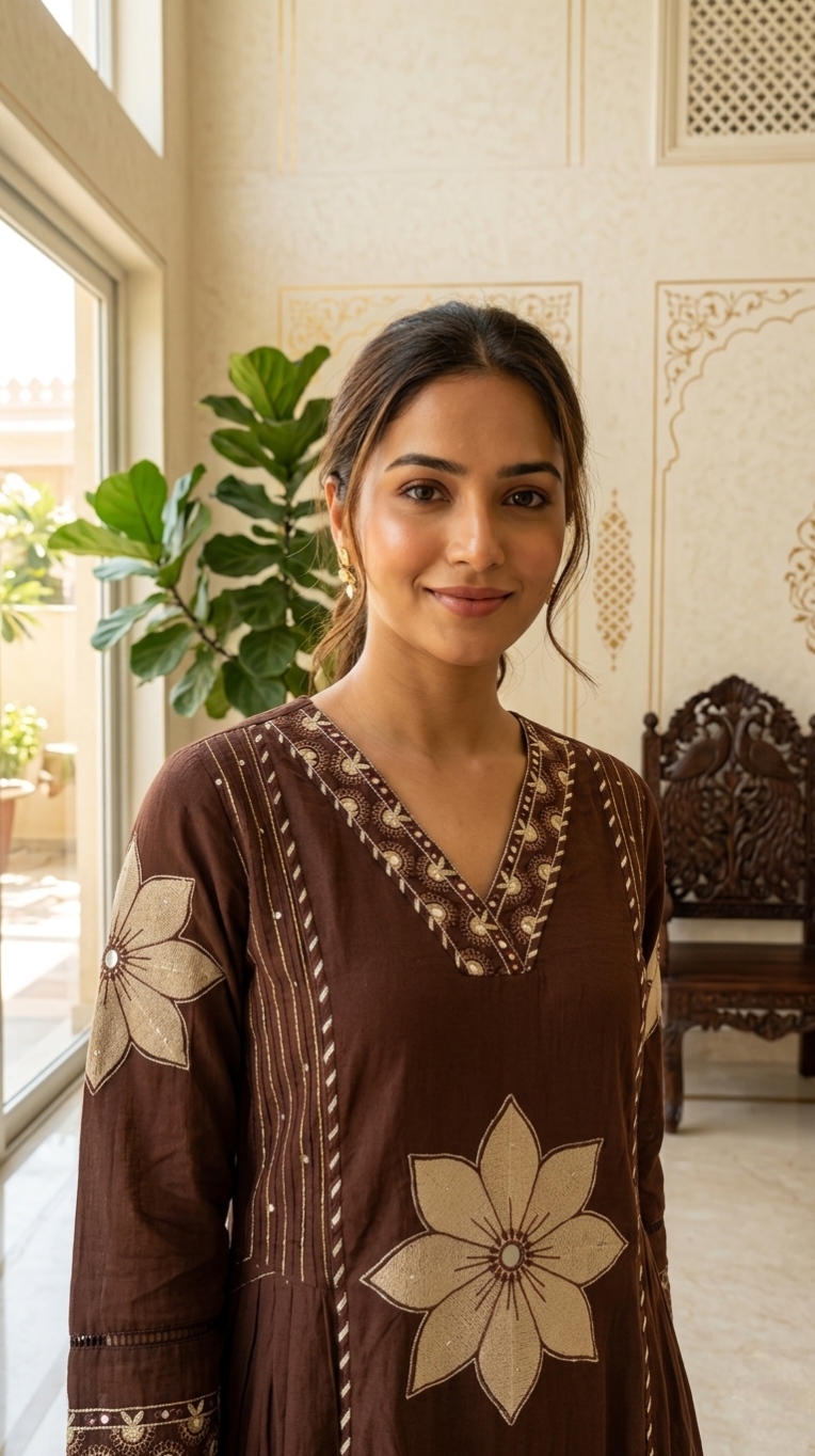 Women Coffee Embroidered Cotton Kurta Pant Dupatta Set