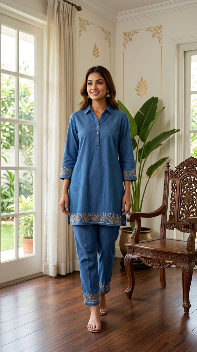 Women Navy Blue Embroidered Denim Cotton Coord Set