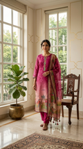 Women Pink Katha Stich Work Chanderi Silk Kurta Pant Dupatta Set