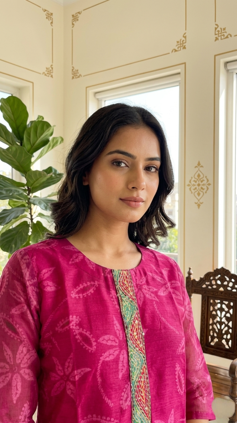 Women Pink Katha Stich Work Chanderi Silk Kurta Pant Dupatta Set