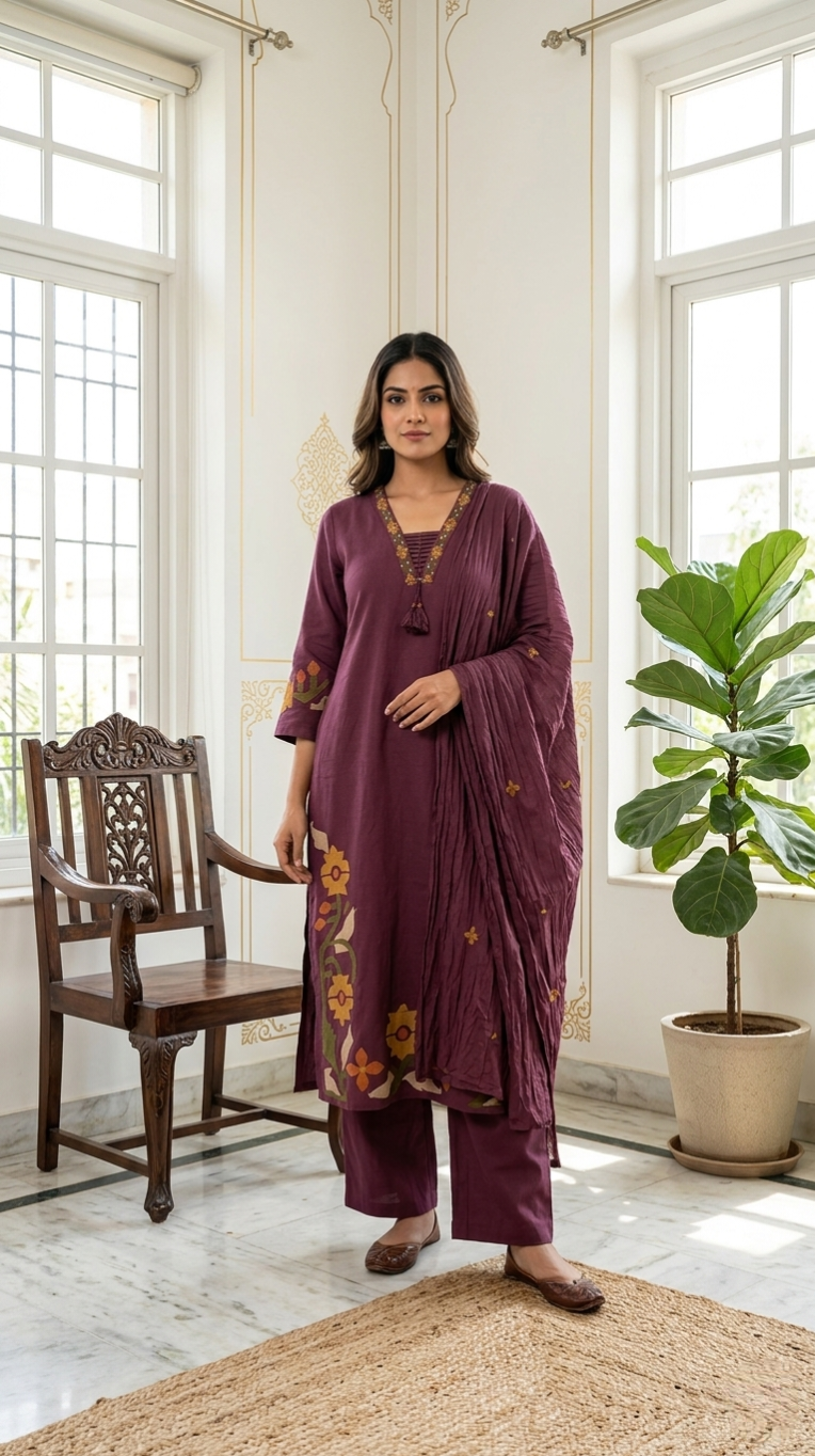 Women Wine Embroidered Cotton Kurta Pant Dupatta Set