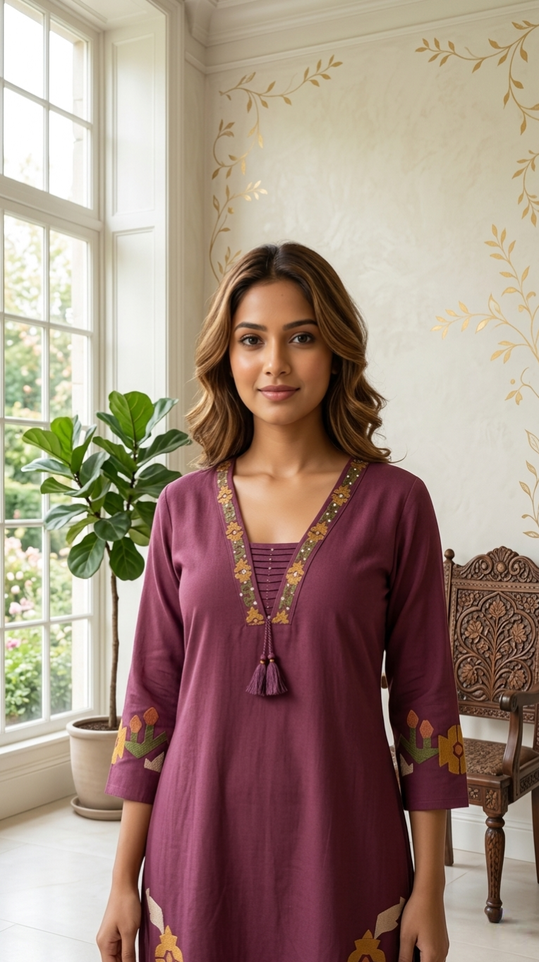 Women Wine Embroidered Cotton Kurta Pant Dupatta Set